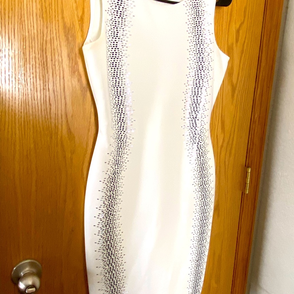 White midi dress.black and silver sequence/rhinestone decal along sides